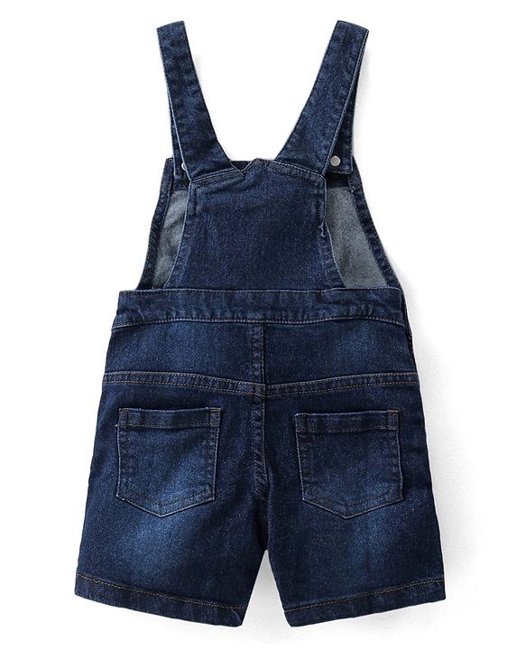 Babyhug Single Jersey Woven Dungaree with Half Sleeves Striped T-Shirt Boat Embroidery - Navy Blue