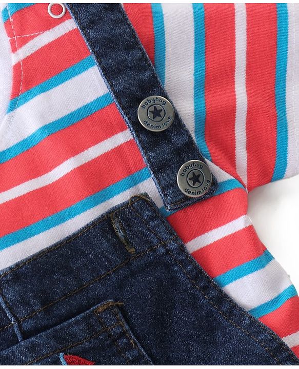 Babyhug Single Jersey Woven Dungaree with Half Sleeves Striped T-Shirt Boat Embroidery - Navy Blue