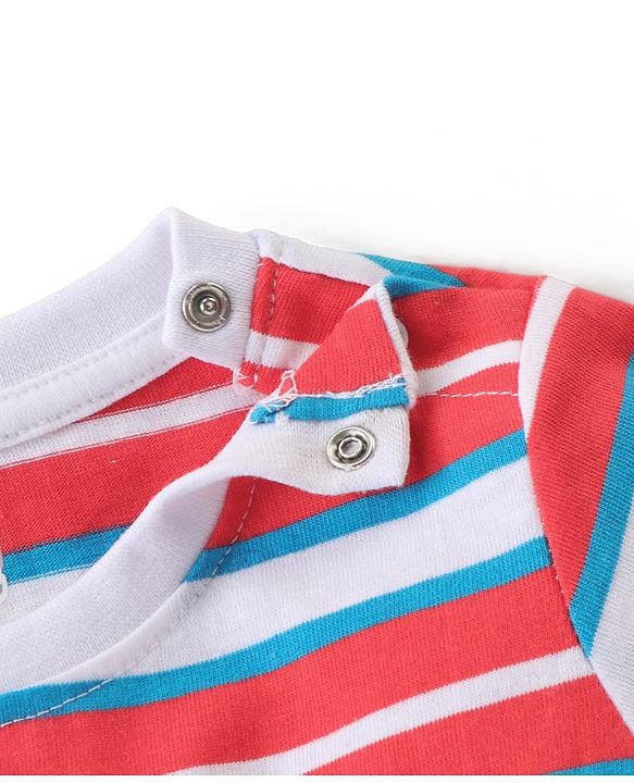 Babyhug Single Jersey Woven Dungaree with Half Sleeves Striped T-Shirt Boat Embroidery - Navy Blue