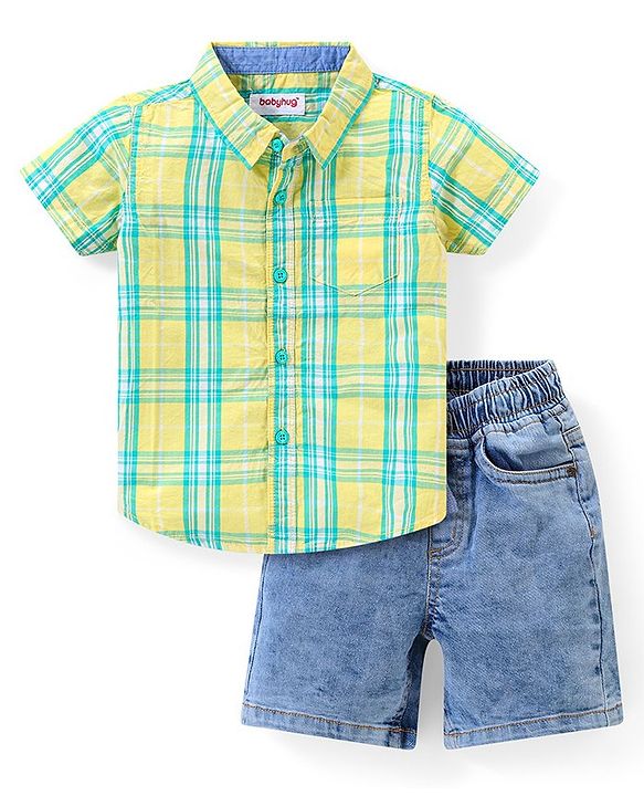 Babyhug Cotton Woven  Half Sleeves Checks Shirt & Denim Shorts Set - Multicolour