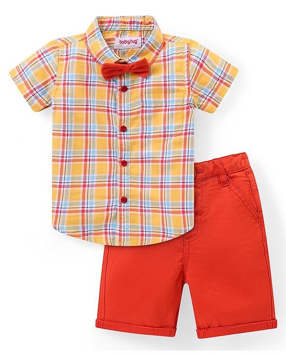 Babyhug Cotton Woven Half Sleeves Checks Shirt & Shorts Set with Bow - Multicolour