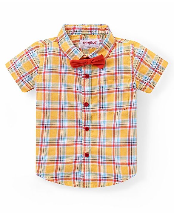 Babyhug Cotton Woven Half Sleeves Checks Shirt & Shorts Set with Bow - Multicolour