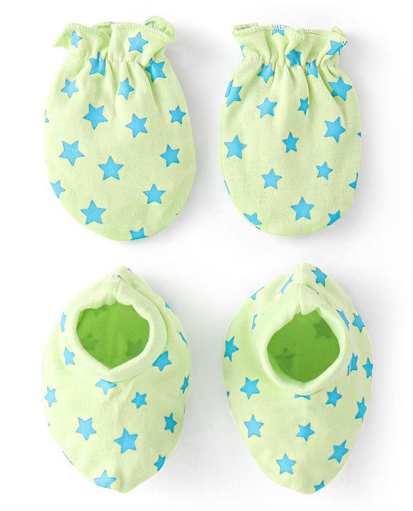 Babyhug 100% Cotton Knit Mittens & Booties Set with Star Print - Green