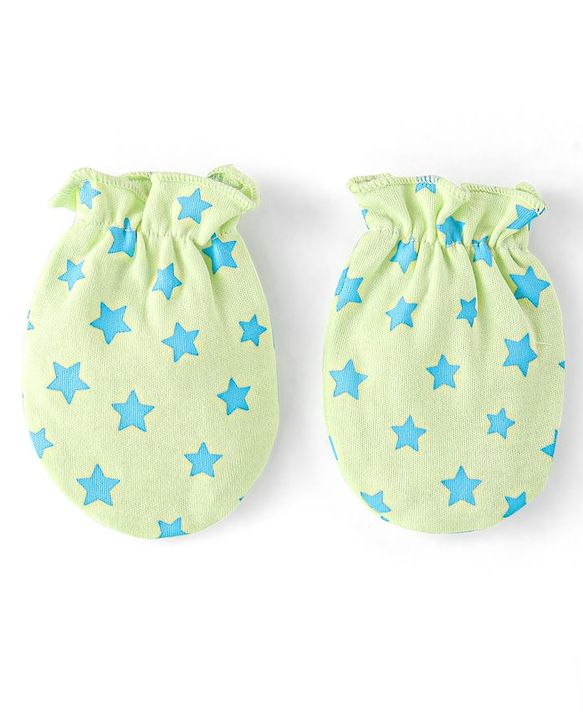 Babyhug 100% Cotton Knit Mittens & Booties Set with Star Print - Green