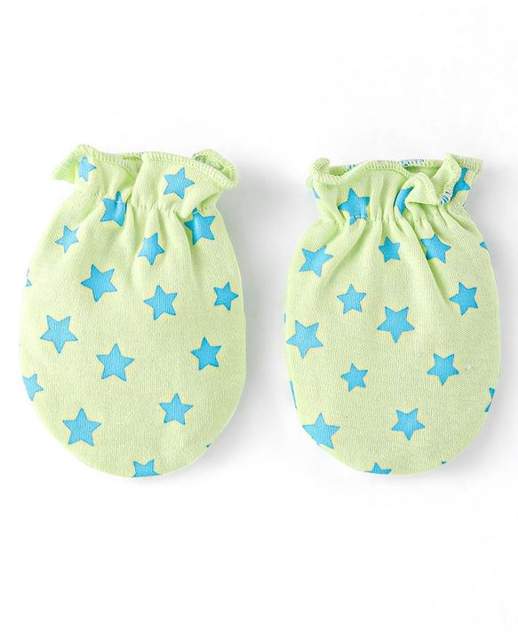 Babyhug 100% Cotton Knit Mittens & Booties Set with Star Print - Green