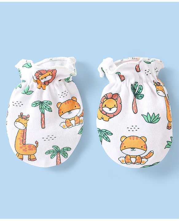 Babyhug 100% Cotton Mittens & Booties Set Animal Print - White