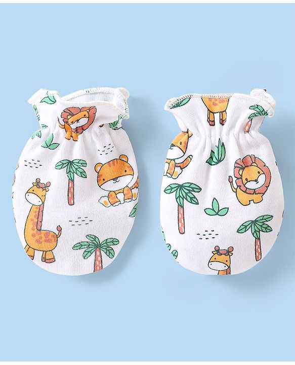 Babyhug 100% Cotton Mittens & Booties Set Animal Print - White
