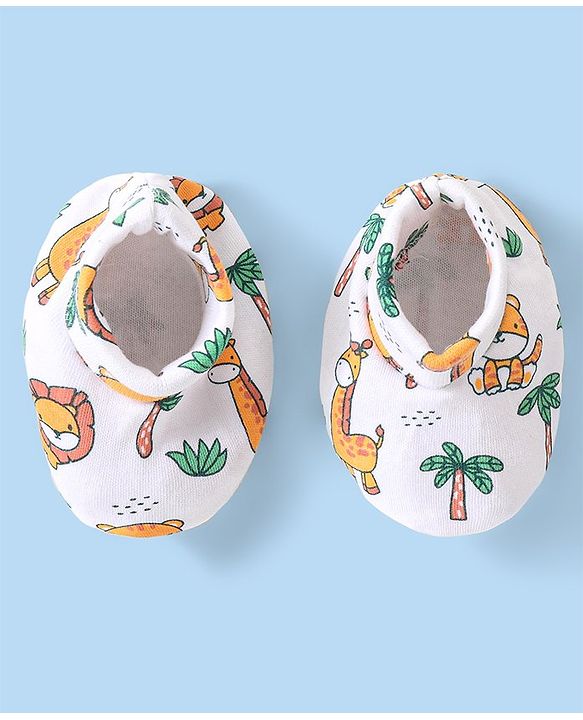 Babyhug 100% Cotton Mittens & Booties Set Animal Print - White