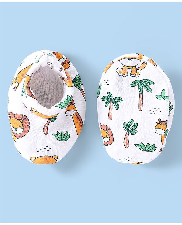 Babyhug 100% Cotton Mittens & Booties Set Animal Print - White