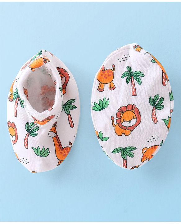 Babyhug 100% Cotton Mittens & Booties Set Animal Print - White