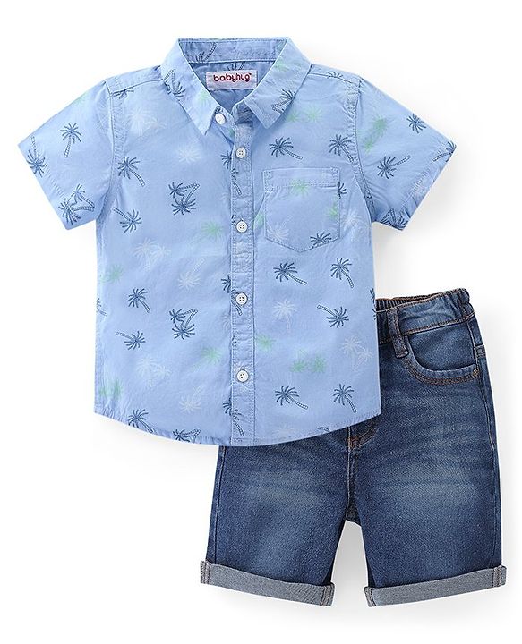 Babyhug Cotton Woven Half Sleeves Shirt & Knee Length Denim Shorts Set With Palm Trees Print - Blue