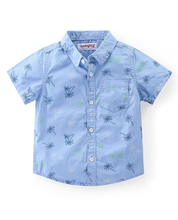 Babyhug Cotton Woven Half Sleeves Shirt & Knee Length Denim Shorts Set With Palm Trees Print - Blue