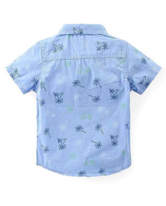 Babyhug Cotton Woven Half Sleeves Shirt & Knee Length Denim Shorts Set With Palm Trees Print - Blue