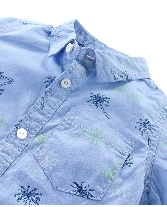 Babyhug Cotton Woven Half Sleeves Shirt & Knee Length Denim Shorts Set With Palm Trees Print - Blue