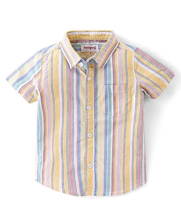 Babyhug Cotton Woven Half Sleeves Striped Shirt & Denim Shorts Set - Multicolor