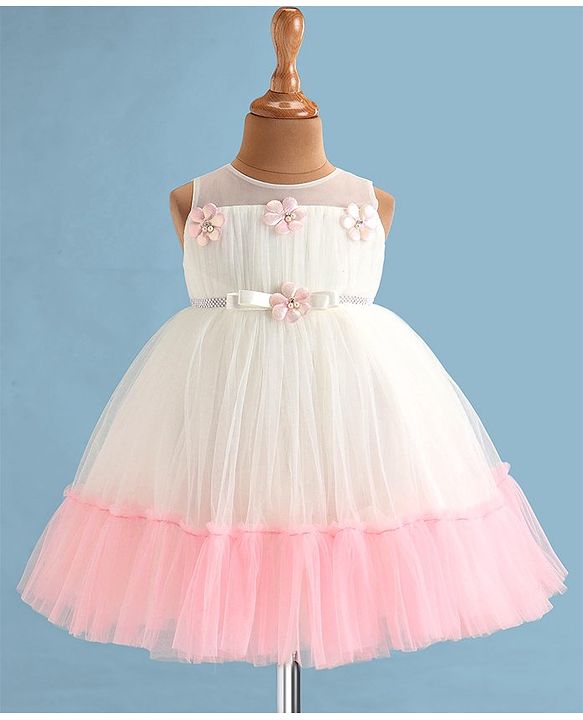 Babyhug Woven Sleeveless Fit & Flared Tiered Party Frock with Floral Detailing - Pink & White