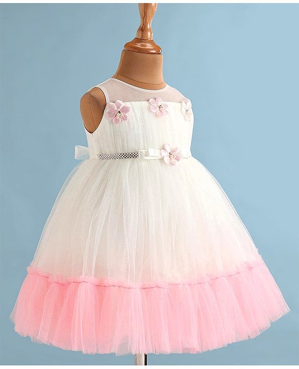 Babyhug Woven Sleeveless Fit & Flared Tiered Party Frock with Floral Detailing - Pink & White
