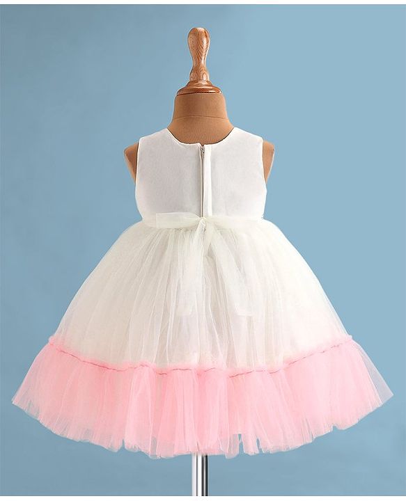 Babyhug Woven Sleeveless Fit & Flared Tiered Party Frock with Floral Detailing - Pink & White