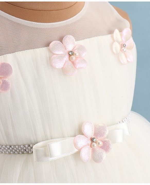 Babyhug Woven Sleeveless Fit & Flared Tiered Party Frock with Floral Detailing - Pink & White