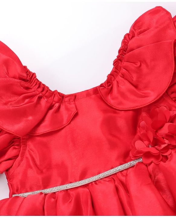 Babyhug Frill Sleeves Party Fit & Flared Party Frock with Floral Applique - Red