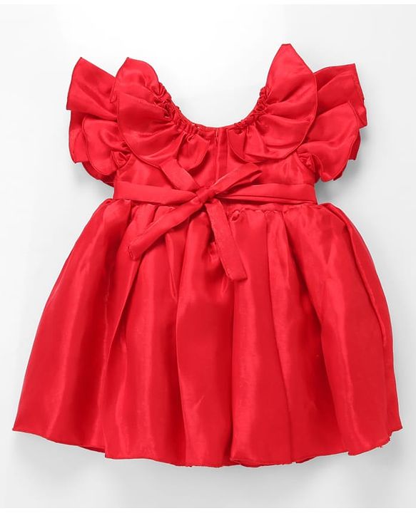 Babyhug Frill Sleeves Party Fit & Flared Party Frock with Floral Applique - Red