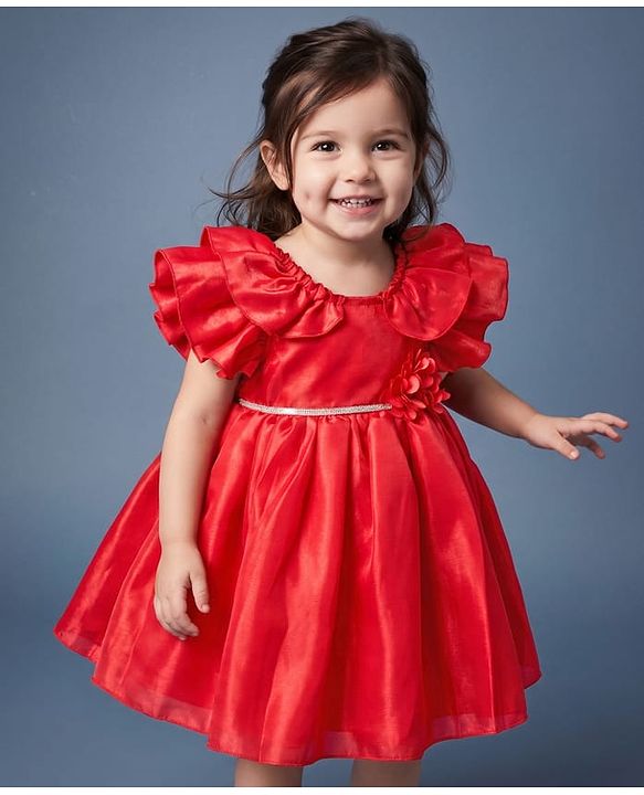Babyhug Frill Sleeves Party Fit & Flared Party Frock with Floral Applique - Red