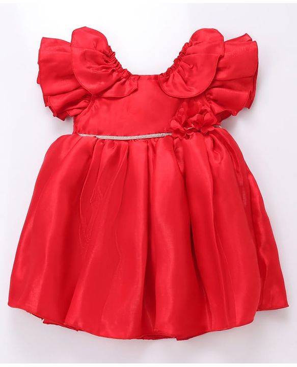 Babyhug Frill Sleeves Party Fit & Flared Party Frock with Floral Applique - Red