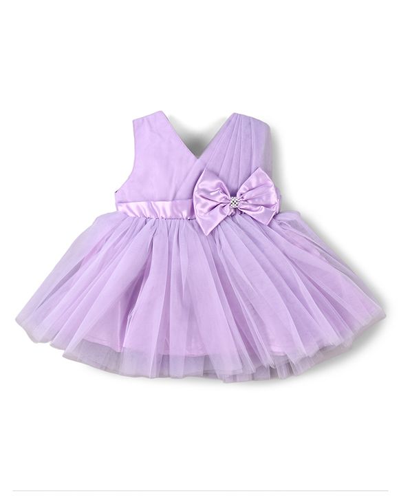 Babyhug Woven Sleeveless Fit and Flare Mesh Party Frock With Bow Applique - Purple
