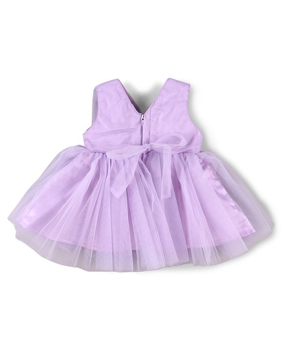 Babyhug Woven Sleeveless Fit and Flare Mesh Party Frock With Bow Applique - Purple