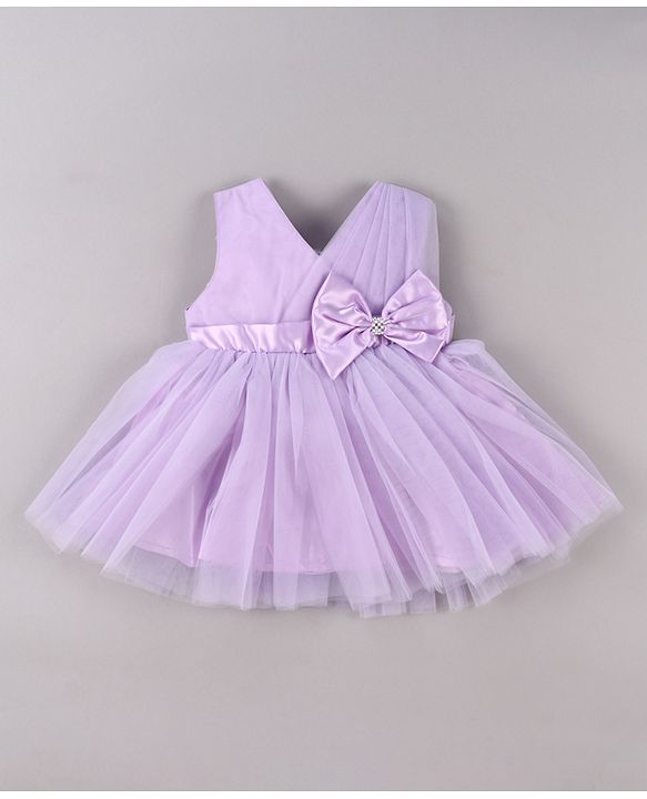 Babyhug Woven Sleeveless Fit and Flare Mesh Party Frock With Bow Applique - Purple