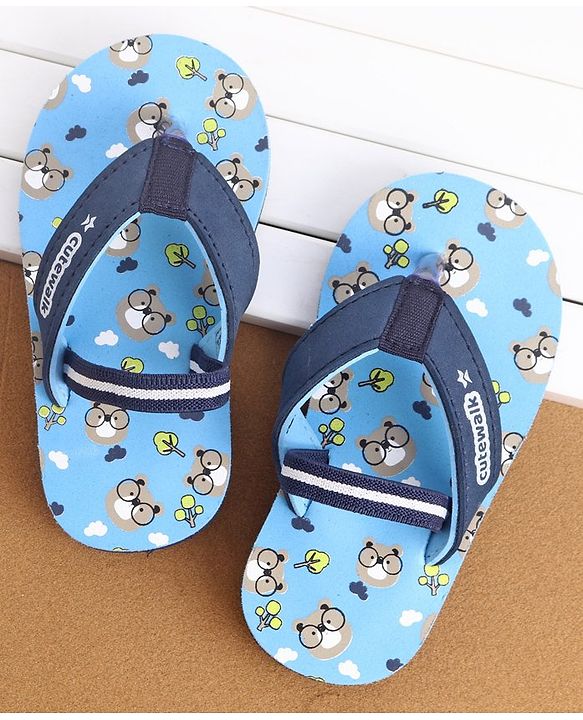 Cute Walk by Babyhug Flip Flops With Back Strap Bear Print - Blue