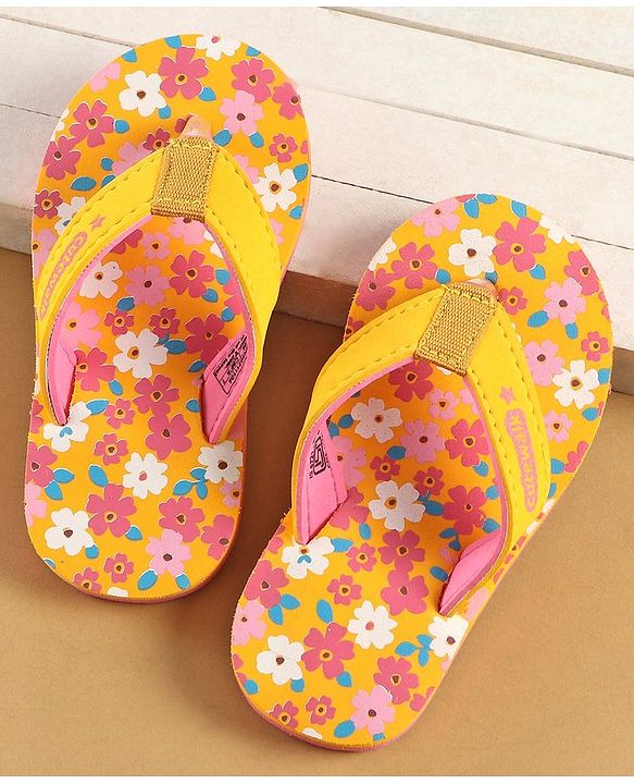 Cute Walk by Babyhug Slip On Flip Flops Floral Print - Yellow & Pink
