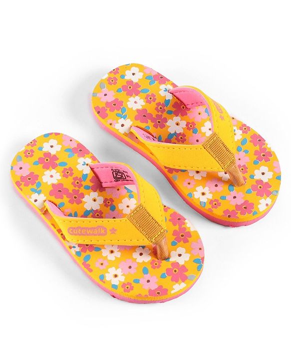 Cute Walk by Babyhug Slip On Flip Flops Floral Print - Yellow & Pink