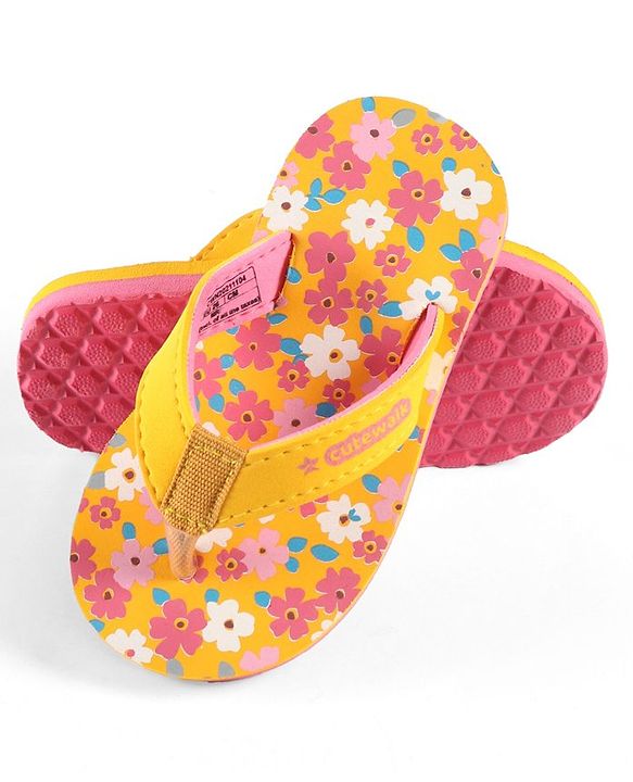Cute Walk by Babyhug Slip On Flip Flops Floral Print - Yellow & Pink