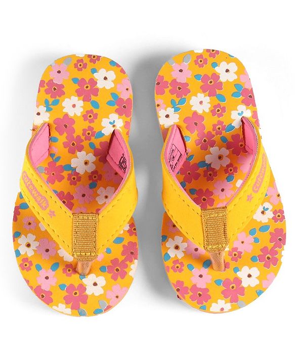 Cute Walk by Babyhug Slip On Flip Flops Floral Print - Yellow & Pink