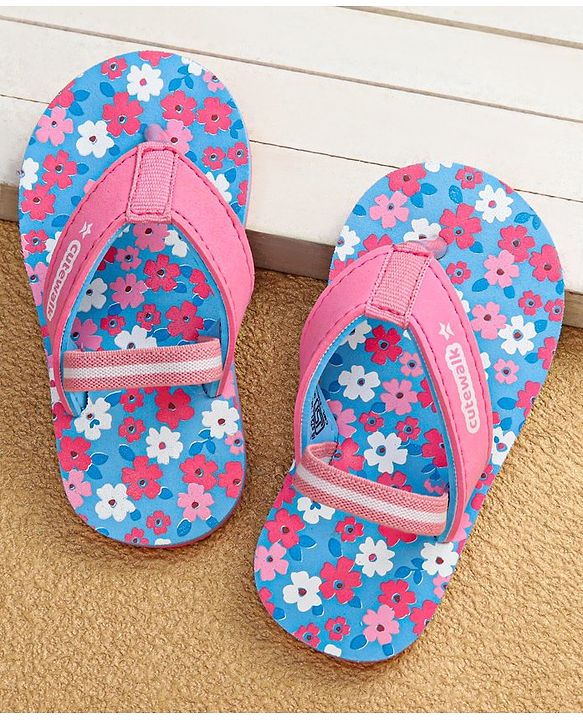 Cute Walk by Babyhug Slip On Flip Flops with Back Strap & Floral Print - Blue & Pink