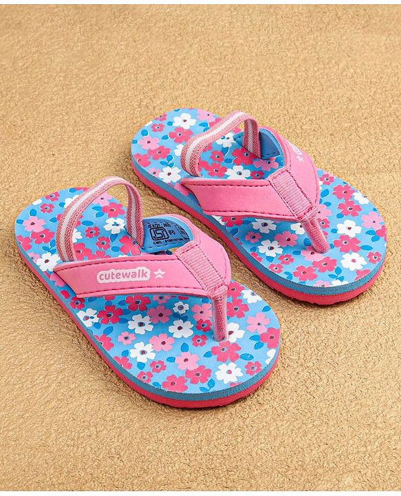 Cute Walk by Babyhug Slip On Flip Flops with Back Strap & Floral Print - Blue & Pink