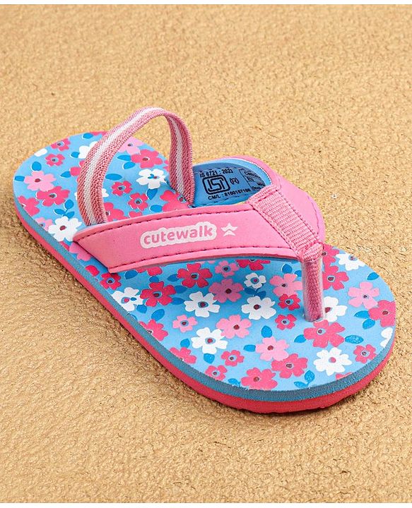 Cute Walk by Babyhug Slip On Flip Flops with Back Strap & Floral Print - Blue & Pink