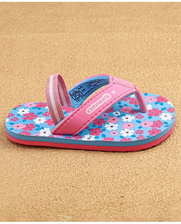 Cute Walk by Babyhug Slip On Flip Flops with Back Strap & Floral Print - Blue & Pink