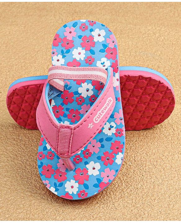 Cute Walk by Babyhug Slip On Flip Flops with Back Strap & Floral Print - Blue & Pink