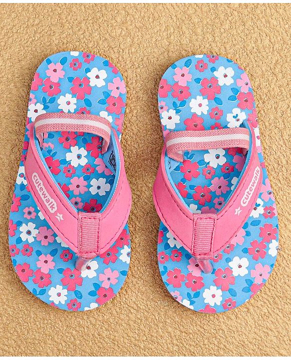Cute Walk by Babyhug Slip On Flip Flops with Back Strap & Floral Print - Blue & Pink