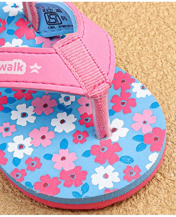 Cute Walk by Babyhug Slip On Flip Flops with Back Strap & Floral Print - Blue & Pink
