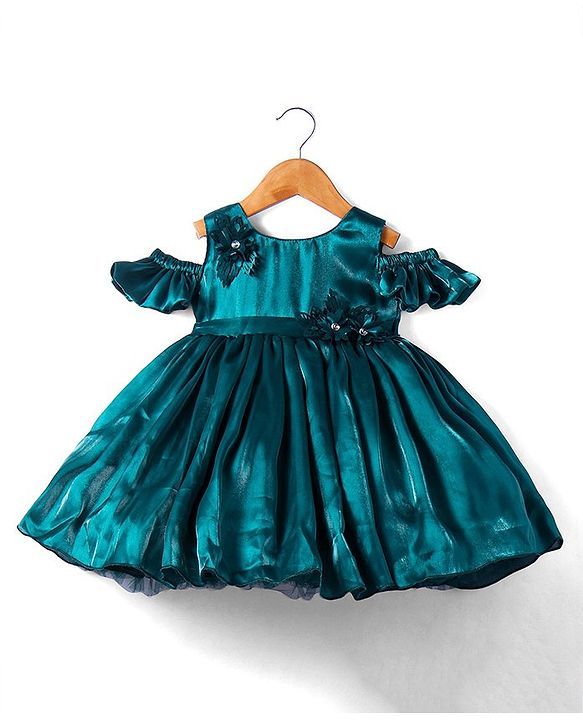Babyhug Woven Sleeveless Party Balloon Dress With Frilled Sleeves & Floral Applique - Bottle Green