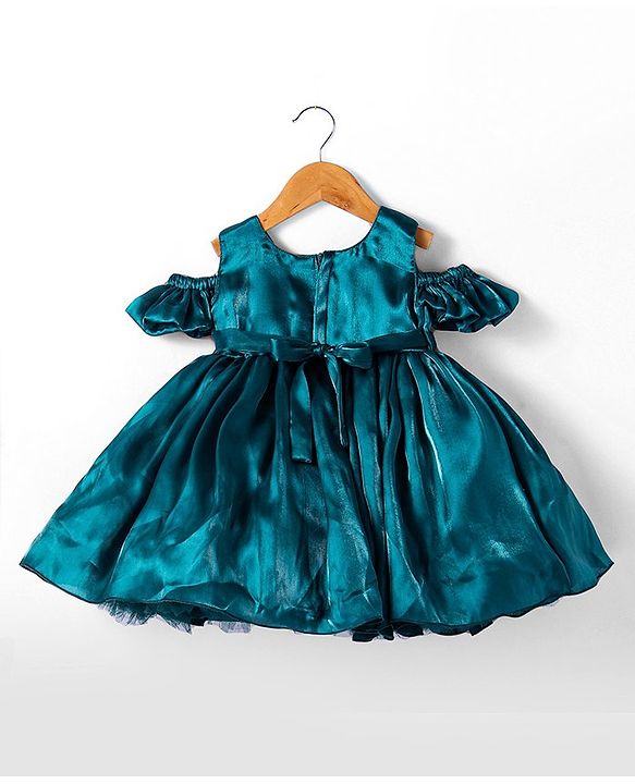 Babyhug Woven Sleeveless Party Balloon Dress With Frilled Sleeves & Floral Applique - Bottle Green
