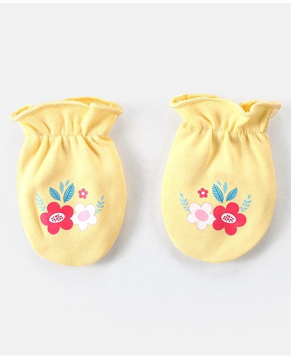 Babyhug 100% Cotton Knit Floral Print Mittens & Booties - Yellow
