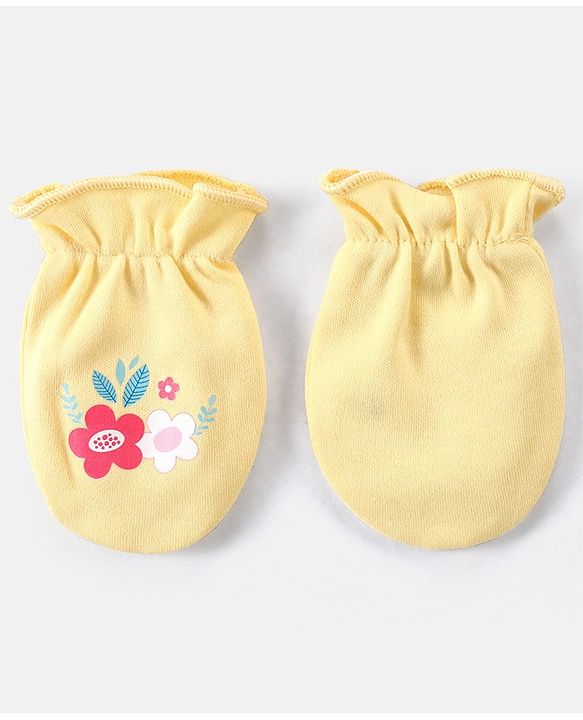 Babyhug 100% Cotton Knit Floral Print Mittens & Booties - Yellow