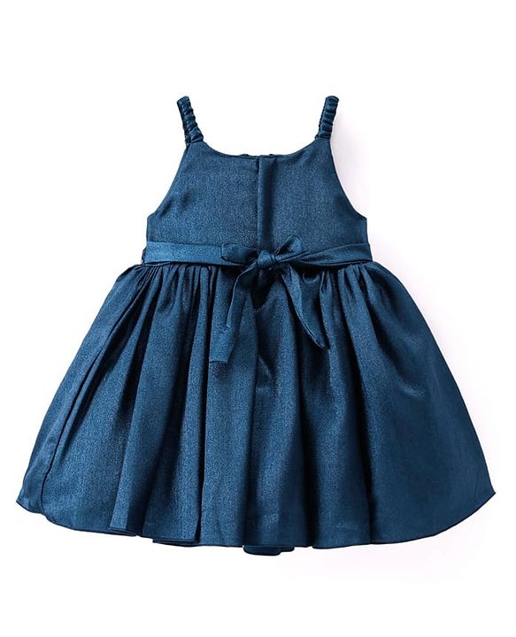 Babyhug Woven Singlet Sleeves Fit & Flared Party Frock with Floral Corsage - Teal Blue