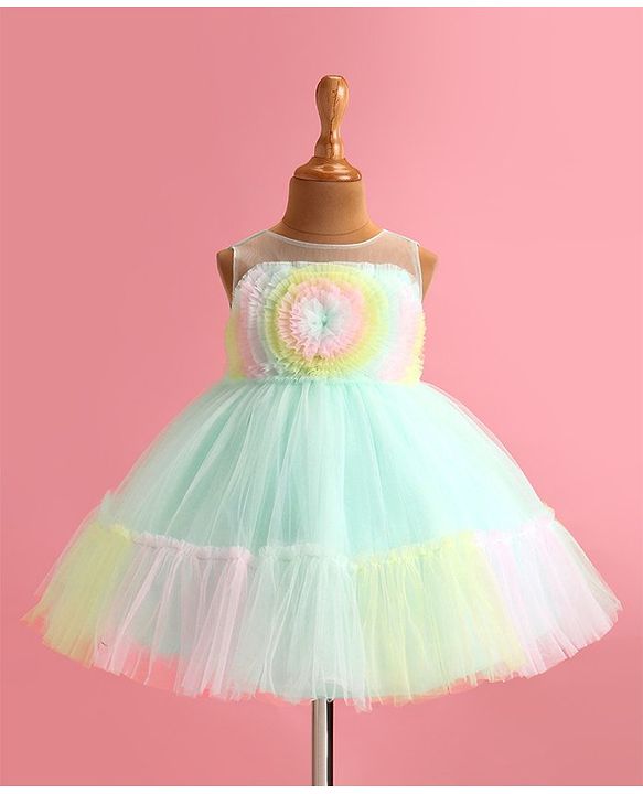 Babyhug Woven Sleeveless Tiered Party Dress With Frill Detailing  - Pastel Green