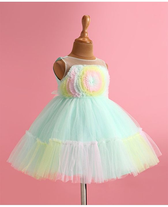 Babyhug Woven Sleeveless Tiered Party Dress With Frill Detailing  - Pastel Green