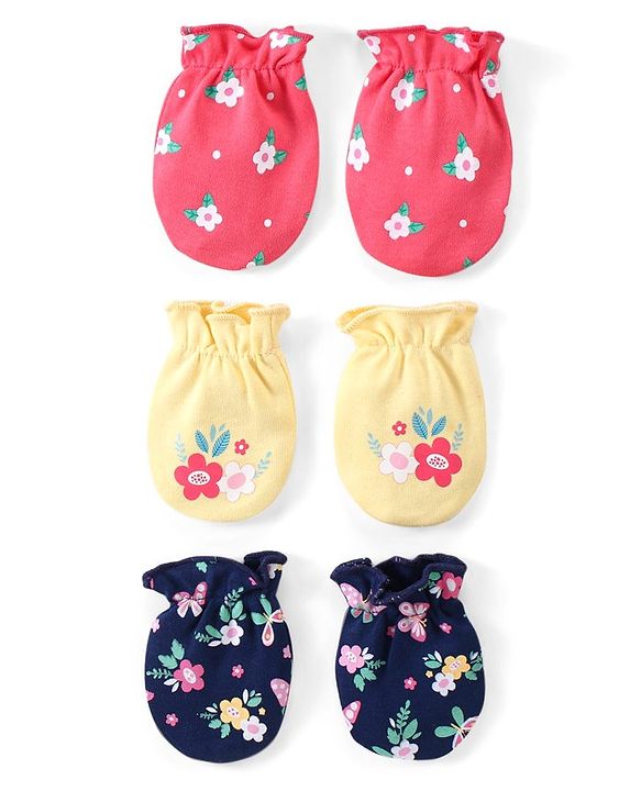 Babyhug 100% Cotton Interlock Knit Mittens with Floral Print Pack of 3 - Pink Yellow & Navy
